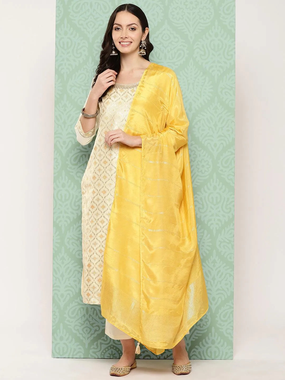 Libas Cream Woven Design Silk Blend Straight Suit With Dupatta