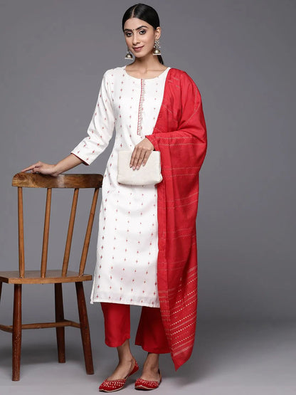 Libas Cream Woven Design Silk Blend Straight Kurta With Trousers & Dupatta