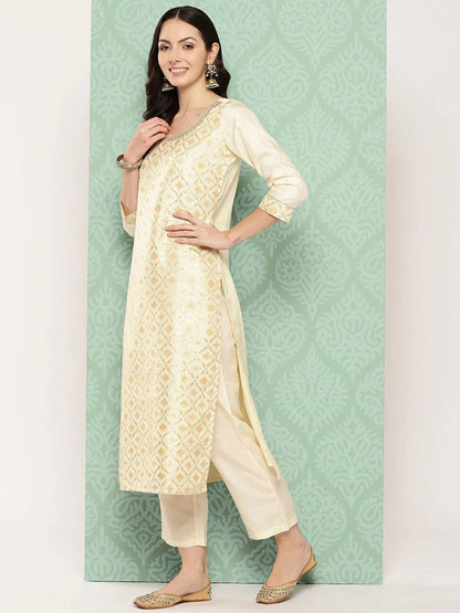 Libas Cream Woven Design Silk Blend Straight Suit With Dupatta