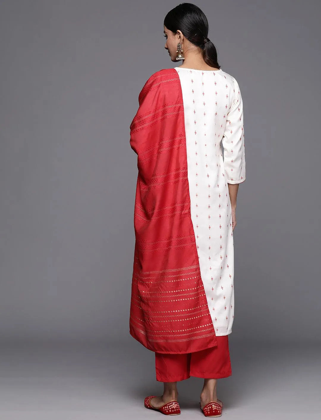 Libas Cream Woven Design Silk Blend Straight Kurta With Trousers & Dupatta