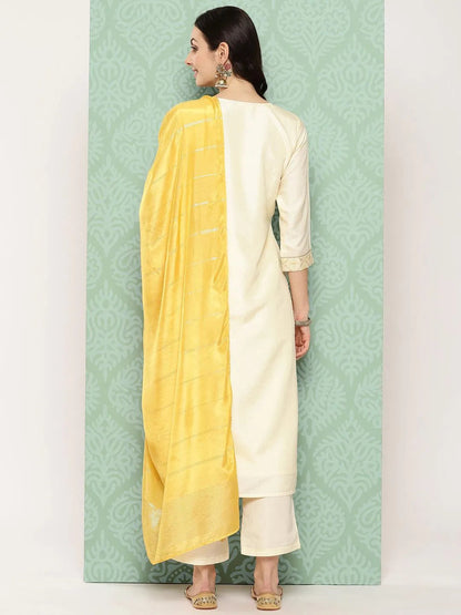Libas Cream Woven Design Silk Blend Straight Suit With Dupatta
