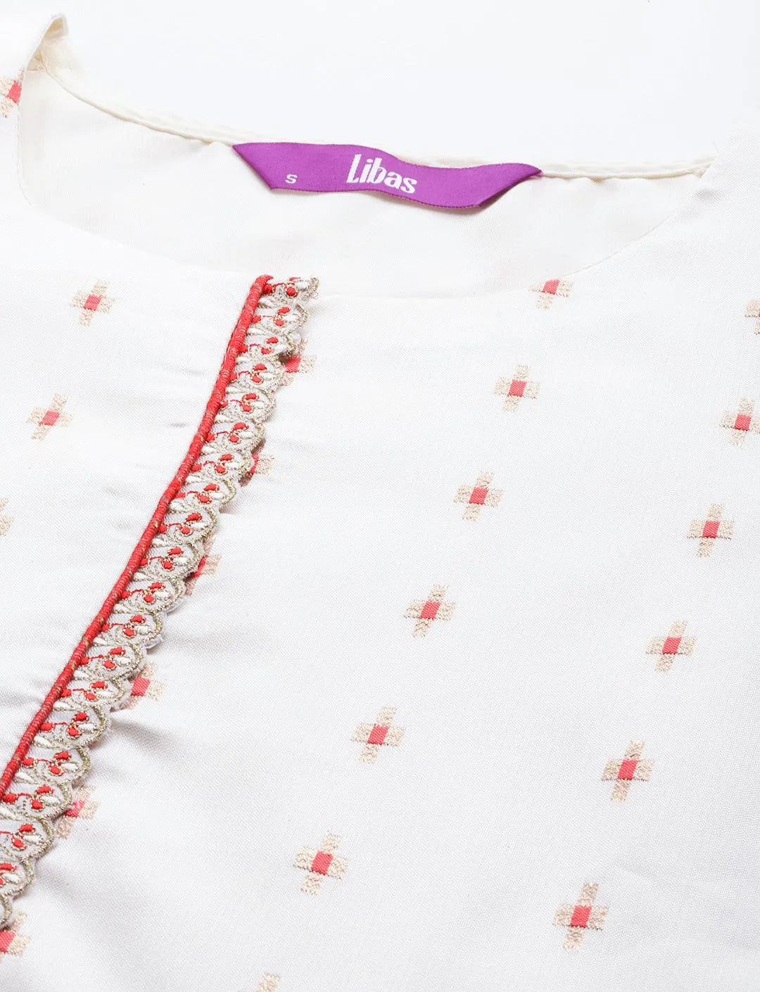 Libas Cream Woven Design Silk Blend Straight Kurta With Trousers & Dupatta