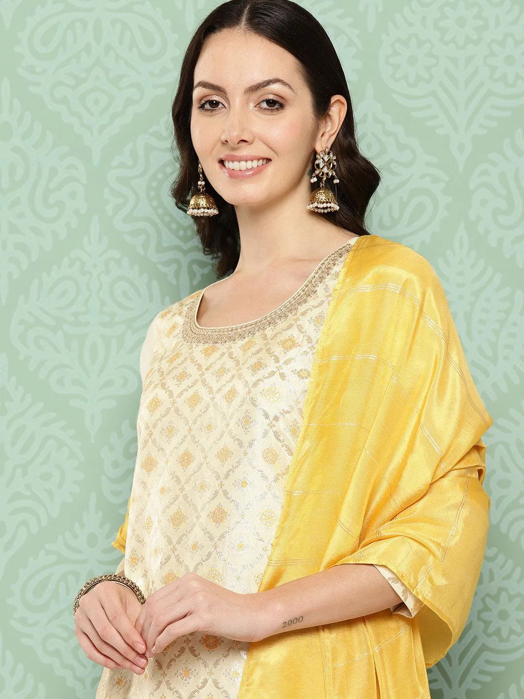 Libas Cream Woven Design Silk Blend Straight Suit With Dupatta