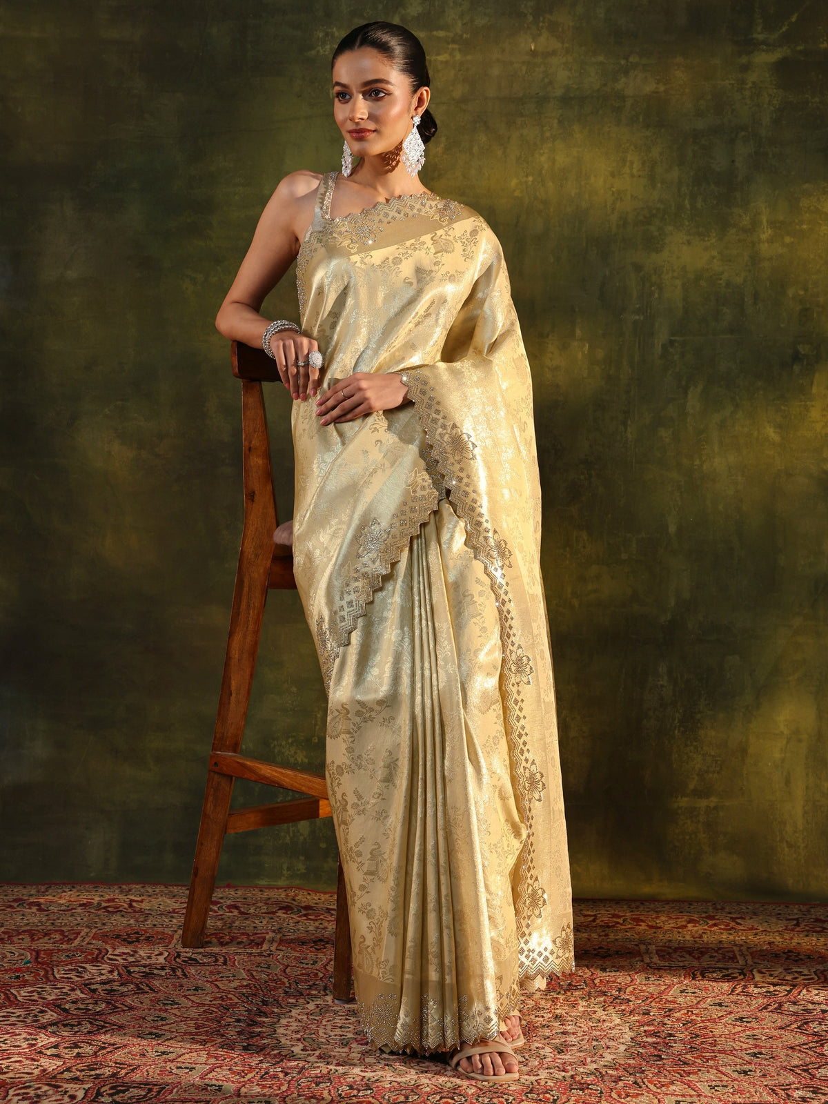 Libas Gold Floral Embellished Silk Blend Saree With Unstitched Blouse Piece