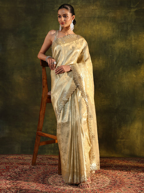 Libas Gold Floral Embellished Silk Blend Saree With Unstitched Blouse Piece