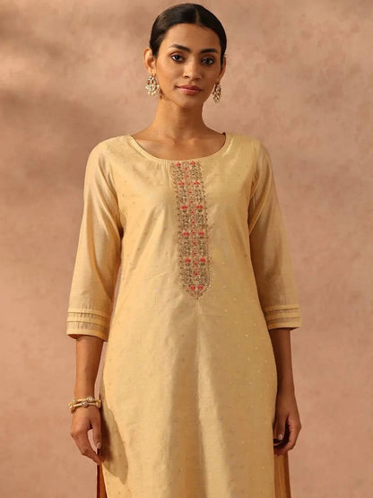 Libas Gold Woven Design Chanderi Silk Straight Kurta