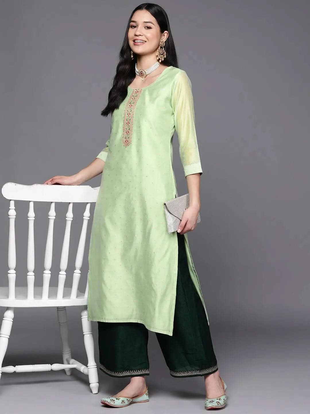 Libas Green Embroidered Chanderi Silk Straight Kurta