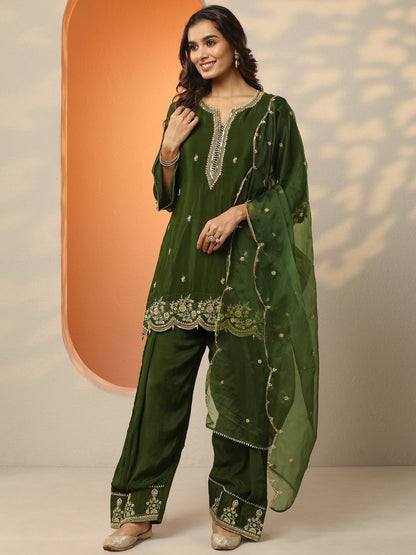 Libas Green Embroidered Chinon Straight Suit Set With Dupatta