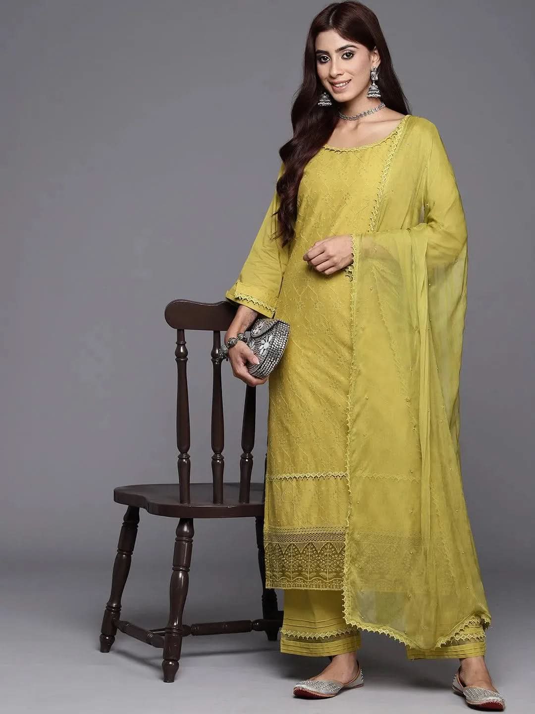 Libas Green Embroidered Cotton Straight Kurta With Trousers & Dupatta