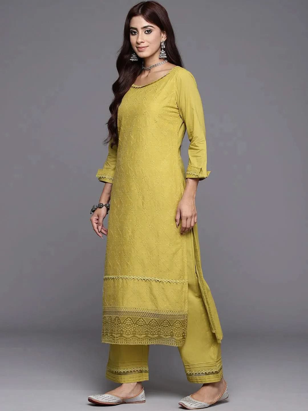 Libas Green Embroidered Cotton Straight Kurta With Trousers & Dupatta