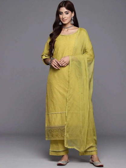 Libas Green Embroidered Cotton Straight Kurta With Trousers & Dupatta