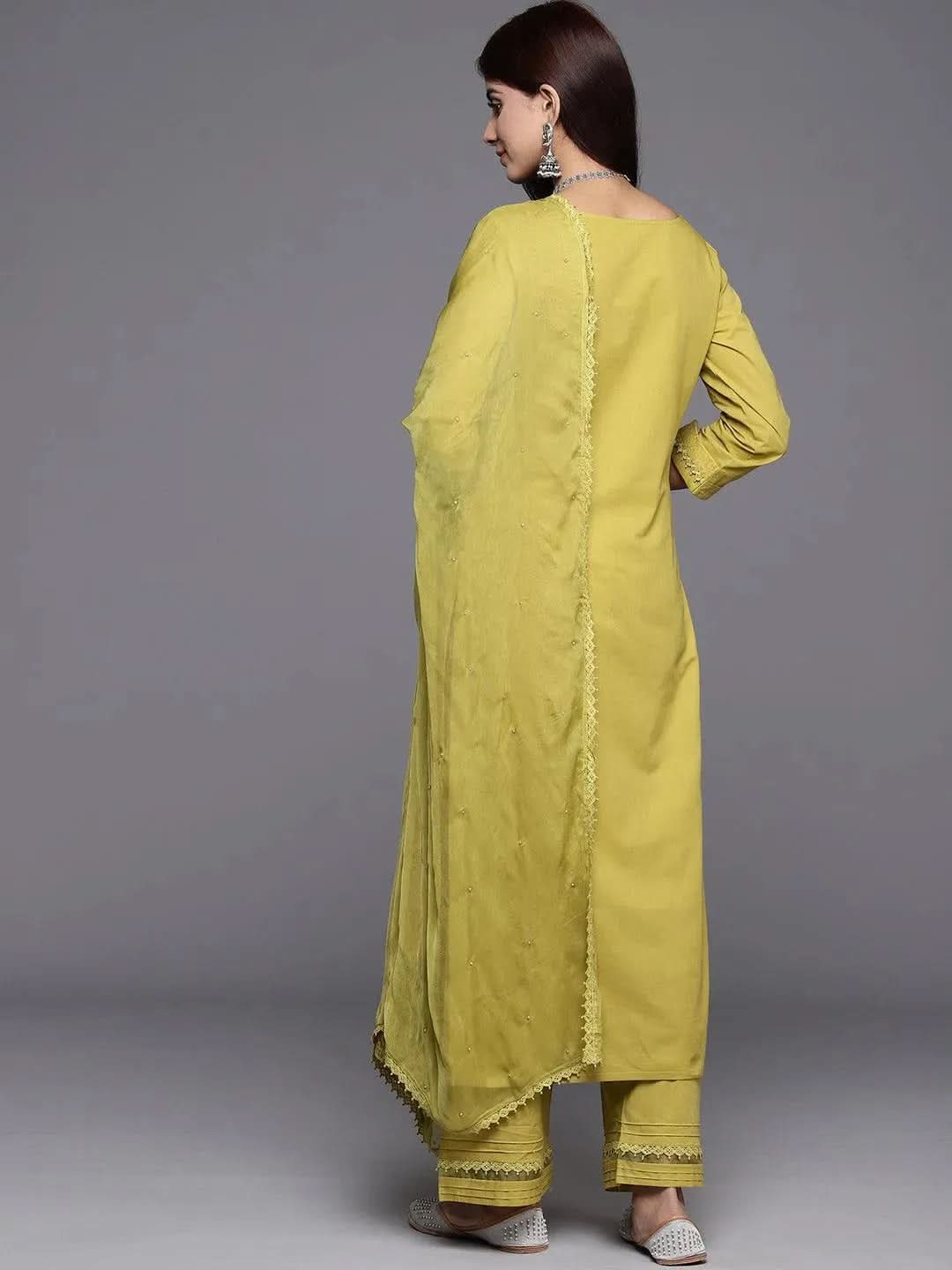 Libas Green Embroidered Cotton Straight Kurta With Trousers & Dupatta