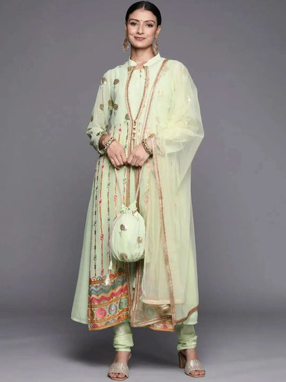 Libas Green Embroidered Georgette Anarkali Kurta With Churidar & Dupatta