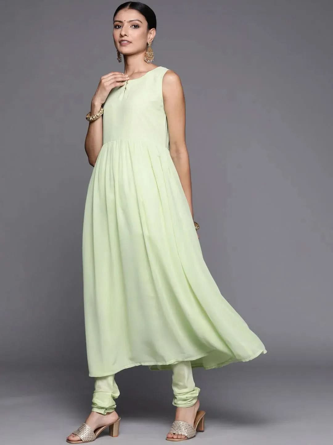 Libas Green Embroidered Georgette Anarkali Kurta With Churidar & Dupatta