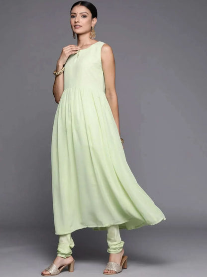Libas Green Embroidered Georgette Anarkali Kurta With Churidar & Dupatta