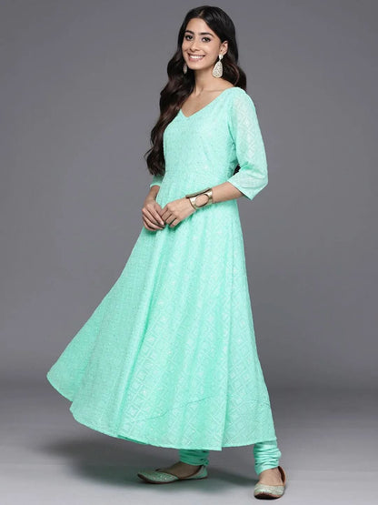 Libas Green Embroidered Georgette Anarkali Kurta With Churidar & Dupatta