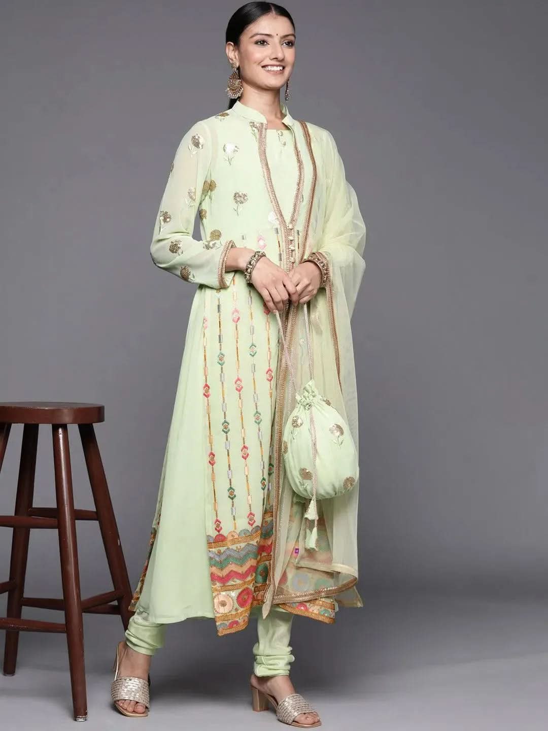 Libas Green Embroidered Georgette Anarkali Kurta With Churidar & Dupatta