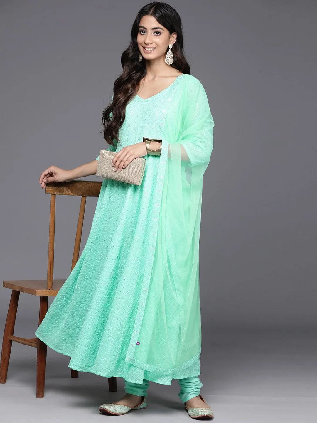Libas Green Embroidered Georgette Anarkali Kurta With Churidar & Dupatta