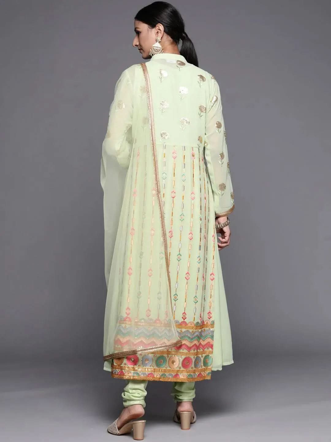 Libas Green Embroidered Georgette Anarkali Kurta With Churidar & Dupatta