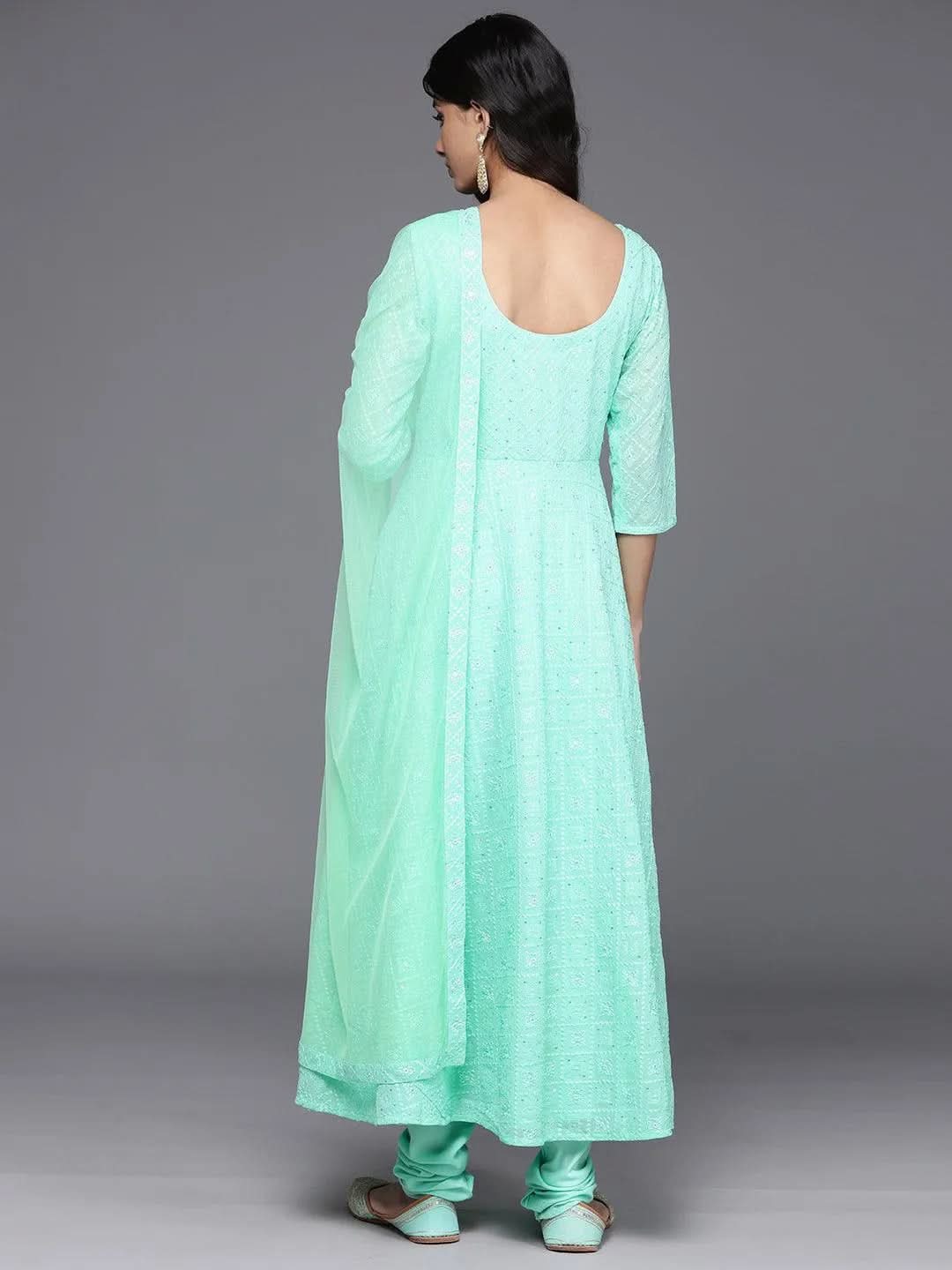 Libas Green Embroidered Georgette Anarkali Kurta With Churidar & Dupatta