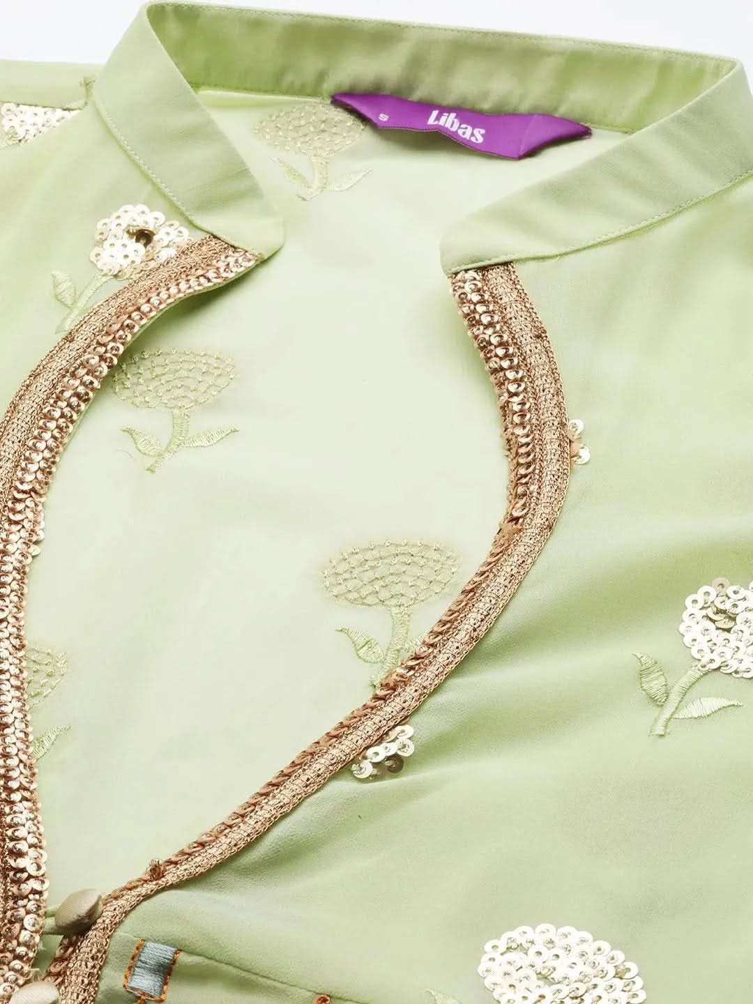 Libas Green Embroidered Georgette Anarkali Kurta With Churidar & Dupatta