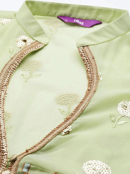 Libas Green Embroidered Georgette Anarkali Kurta With Churidar & Dupatta
