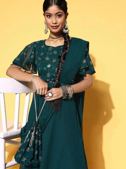Libas Green Embroidered Georgette Lehenga Set