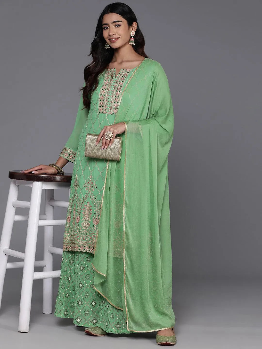 Libas Green Embroidered Georgette Straight Suit With Dupatta