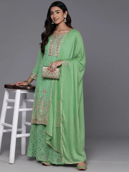Libas Green Embroidered Georgette Straight Suit With Dupatta