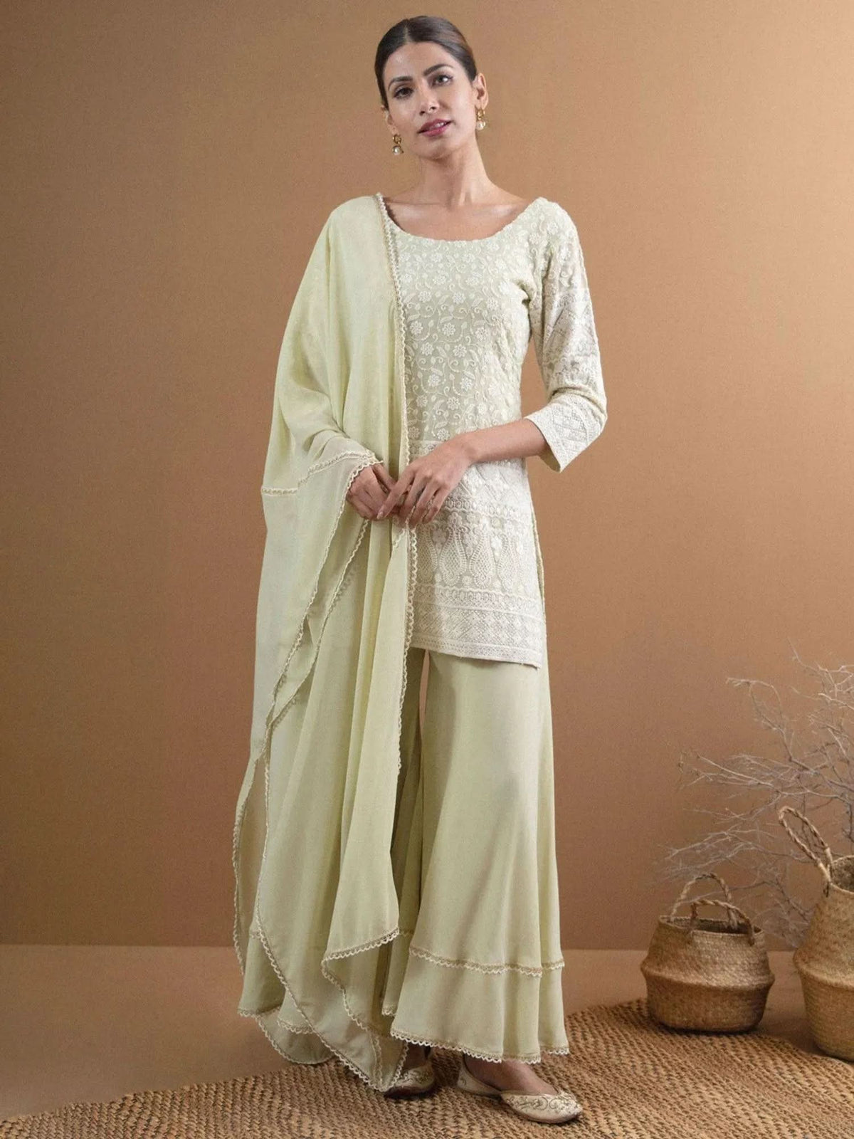 Libas Green Embroidered Georgette Straight Kurta With Palazzos & Dupatta