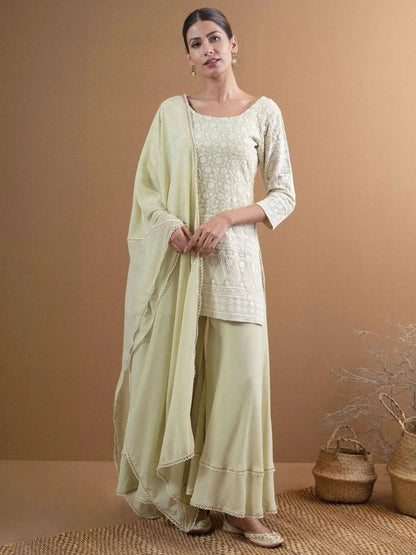 Libas Green Embroidered Georgette Straight Kurta With Palazzos & Dupatta