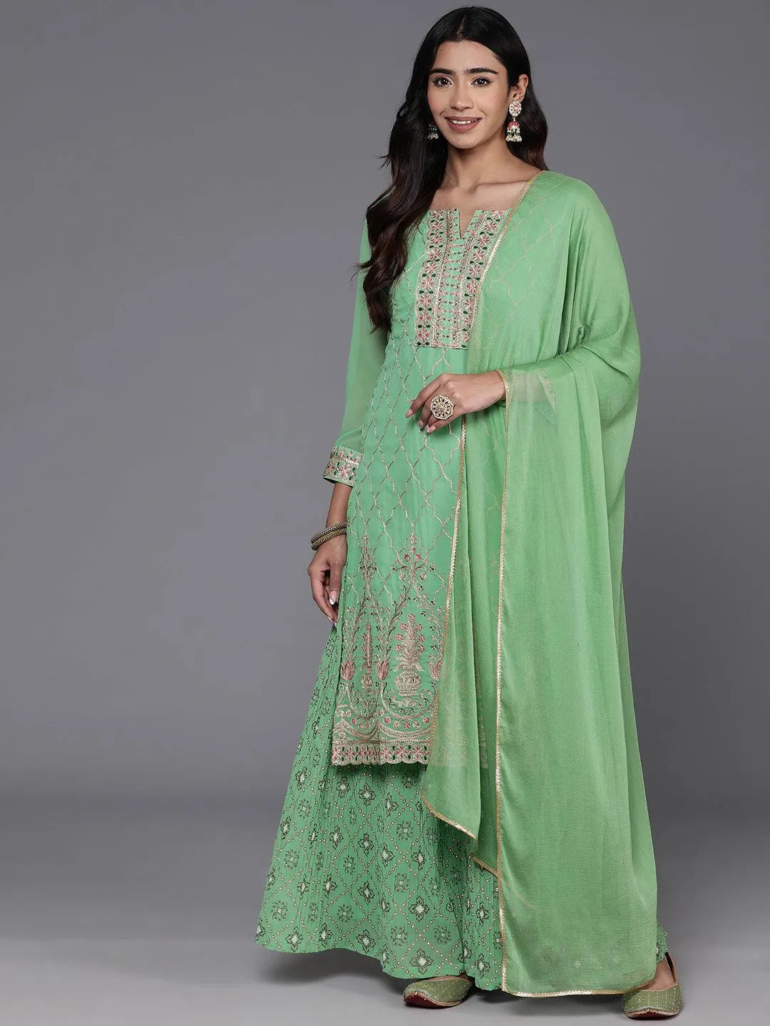 Libas Green Embroidered Georgette Straight Suit With Dupatta