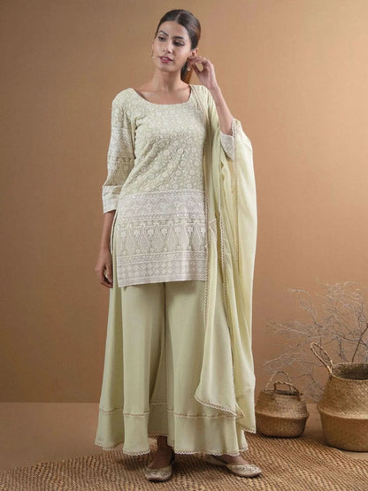Libas Green Embroidered Georgette Straight Kurta With Palazzos & Dupatta