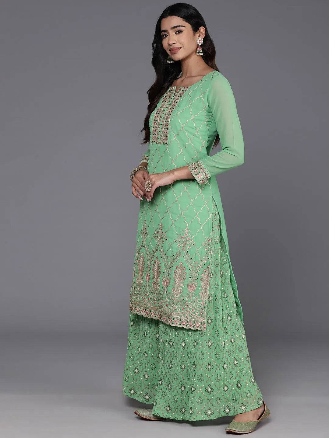 Libas Green Embroidered Georgette Straight Suit With Dupatta