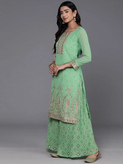 Libas Green Embroidered Georgette Straight Suit With Dupatta