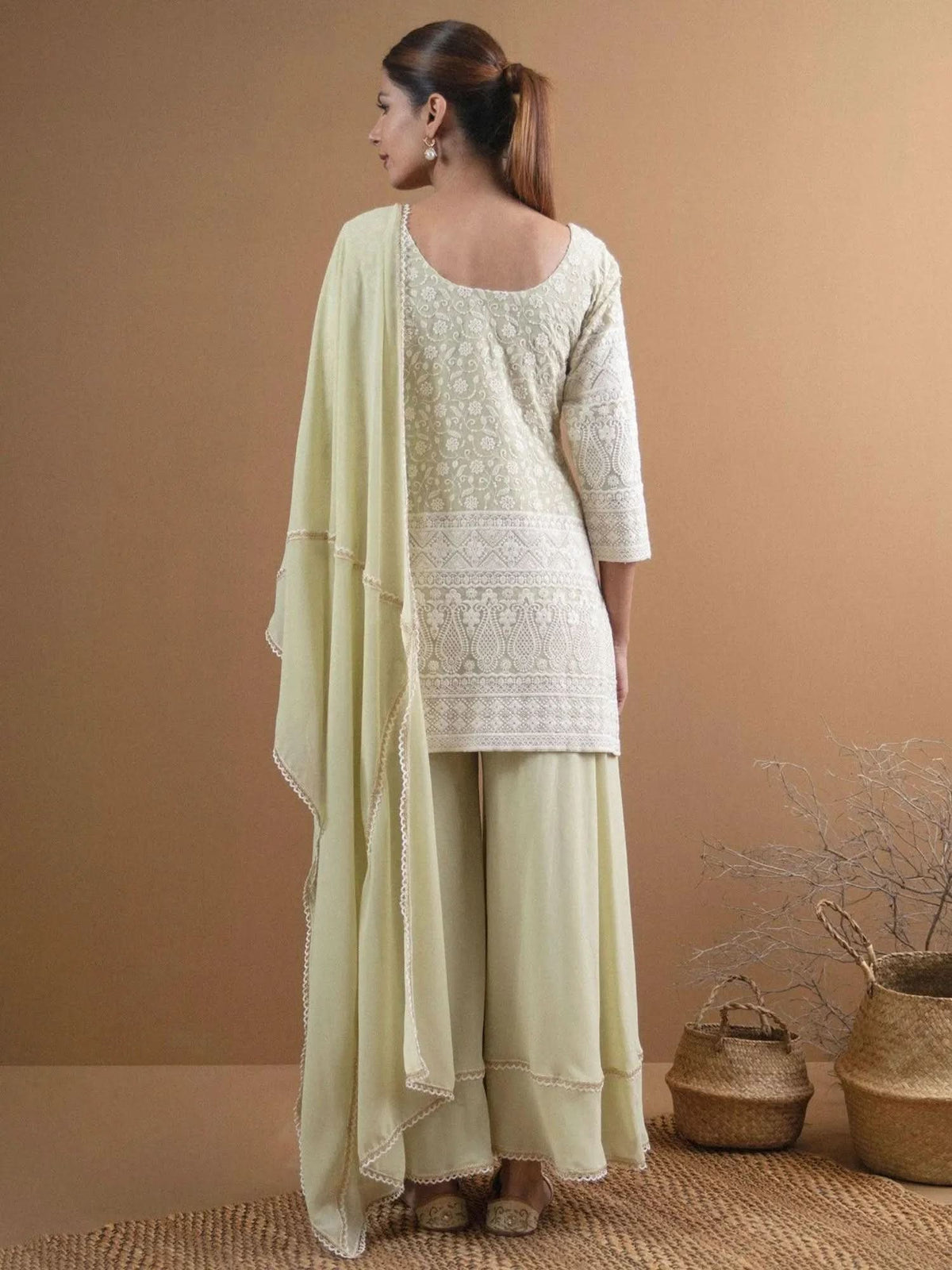 Libas Green Embroidered Georgette Straight Kurta With Palazzos & Dupatta