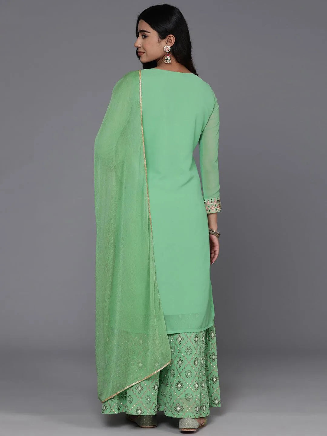 Libas Green Embroidered Georgette Straight Suit With Dupatta