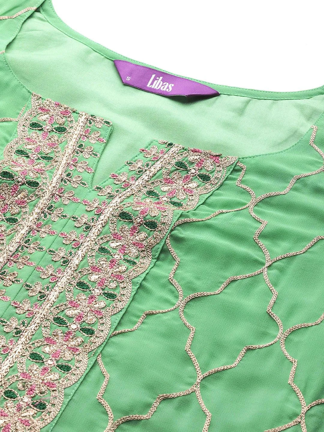 Libas Green Embroidered Georgette Straight Suit With Dupatta