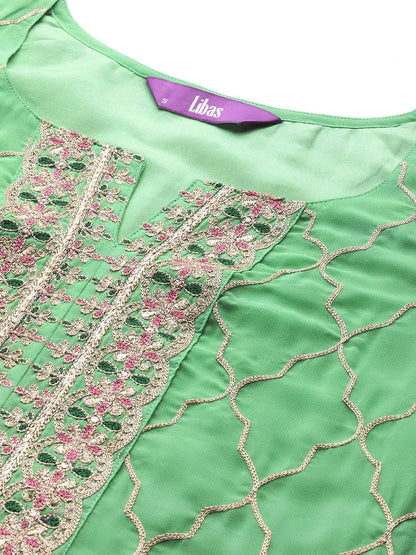 Libas Green Embroidered Georgette Straight Suit With Dupatta