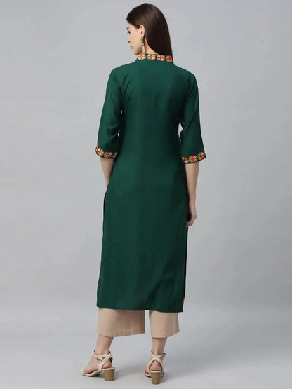 Libas Green Embroidered Rayon Kurta