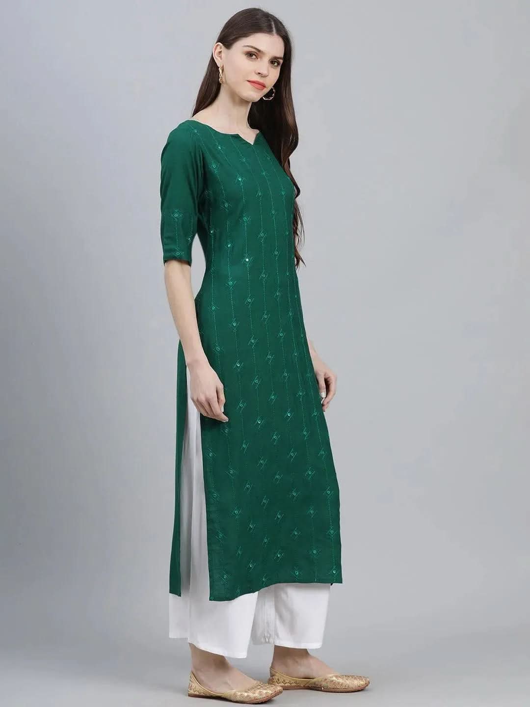 Libas Green Embroidered Rayon Straight Kurta With Palazzos