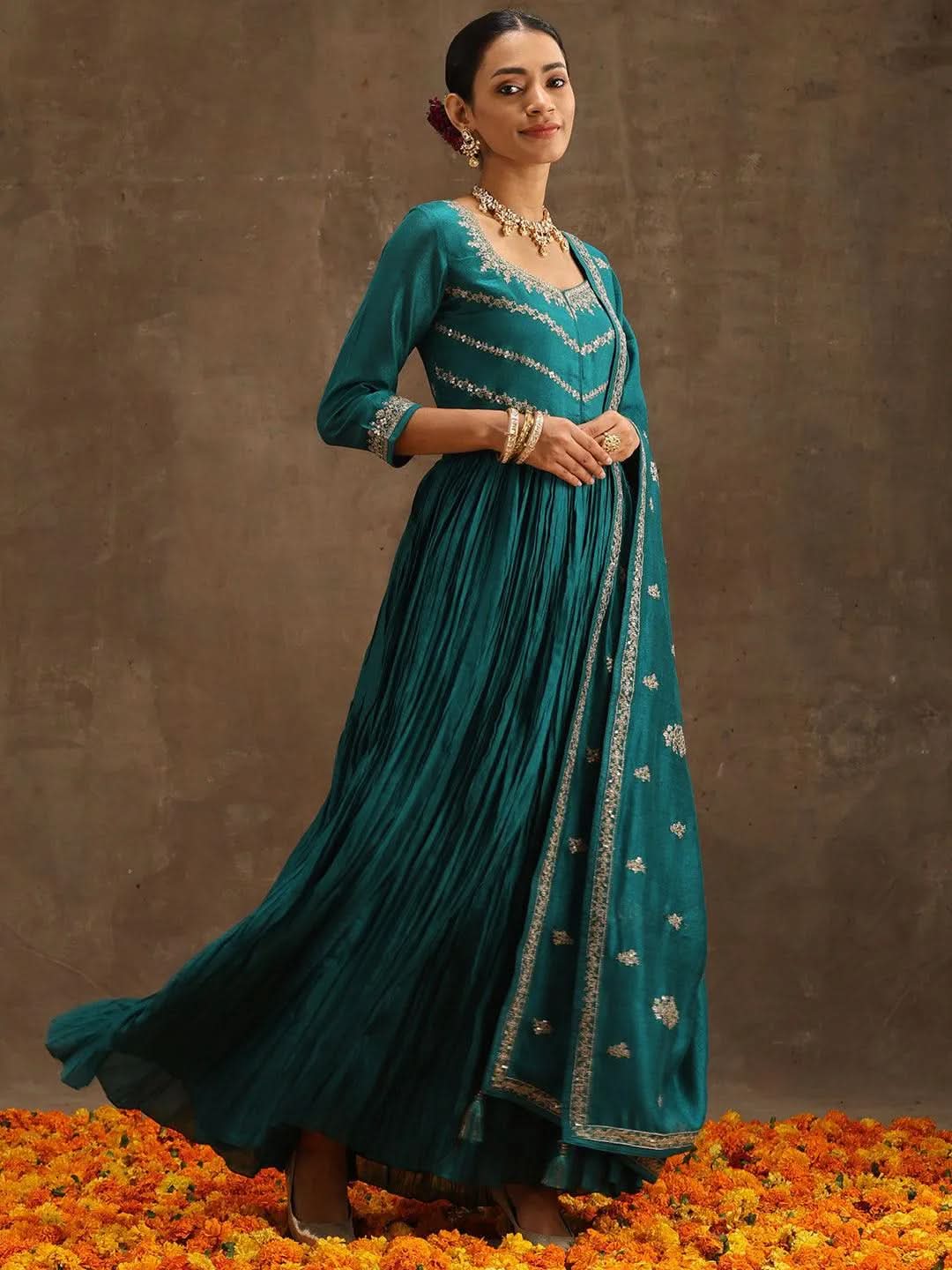 Libas Green Embroidered Silk Blend Anarkali Kurta With Trousers & Dupatta
