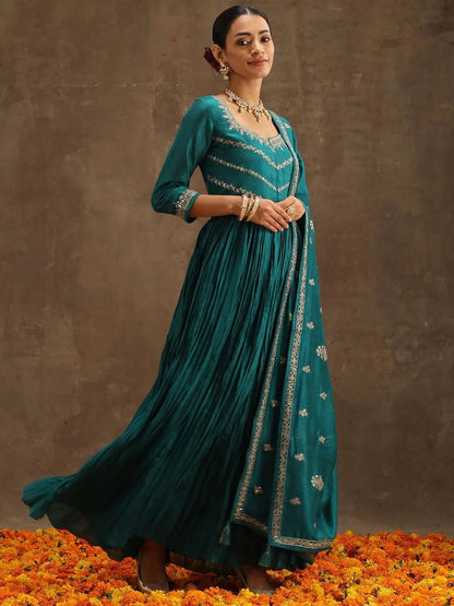 Libas Green Embroidered Silk Blend Anarkali Kurta With Trousers & Dupatta