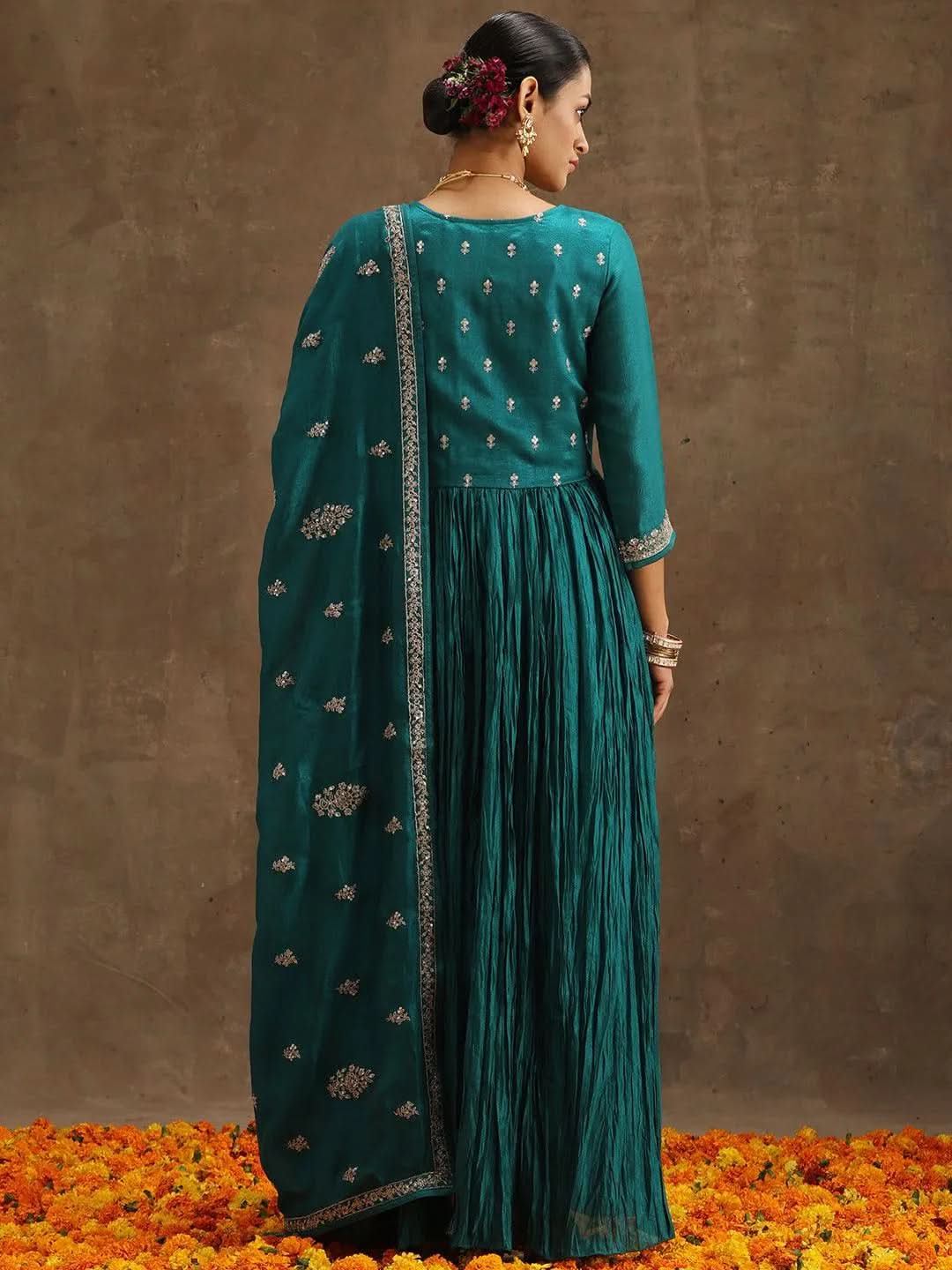 Libas Green Embroidered Silk Blend Anarkali Kurta With Trousers & Dupatta