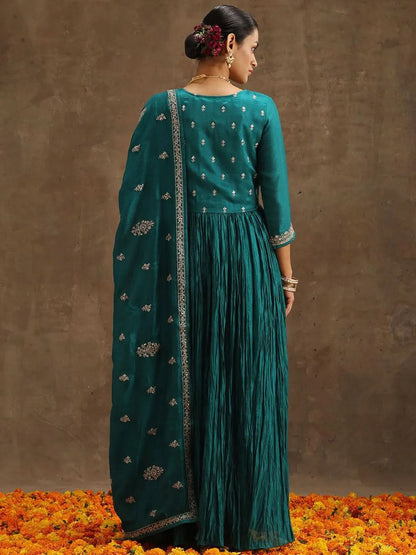 Libas Green Embroidered Silk Blend Anarkali Kurta With Trousers & Dupatta