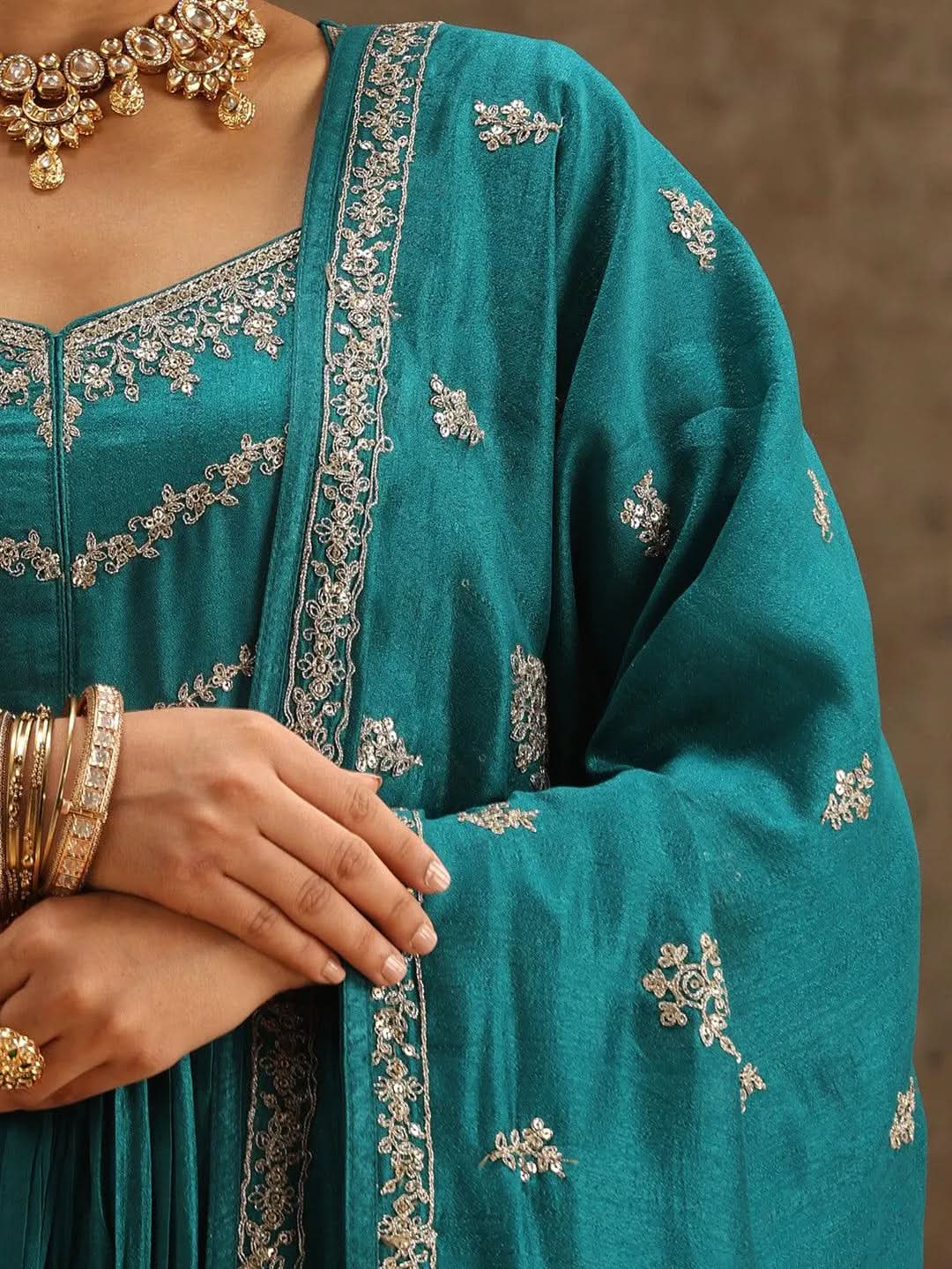 Libas Green Embroidered Silk Blend Anarkali Kurta With Trousers & Dupatta