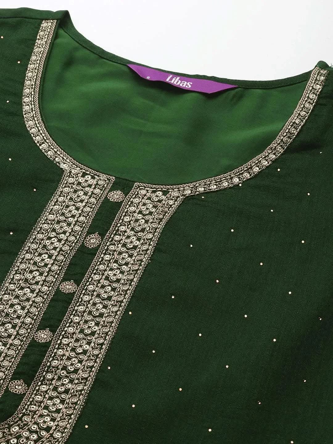 Libas Green Embroidered Silk Blend Straight Kurta With Dupatta