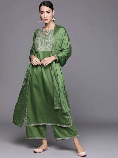 Libas Green Embroidered Silk Blend Straight Kurta With Palazzos & Dupatta
