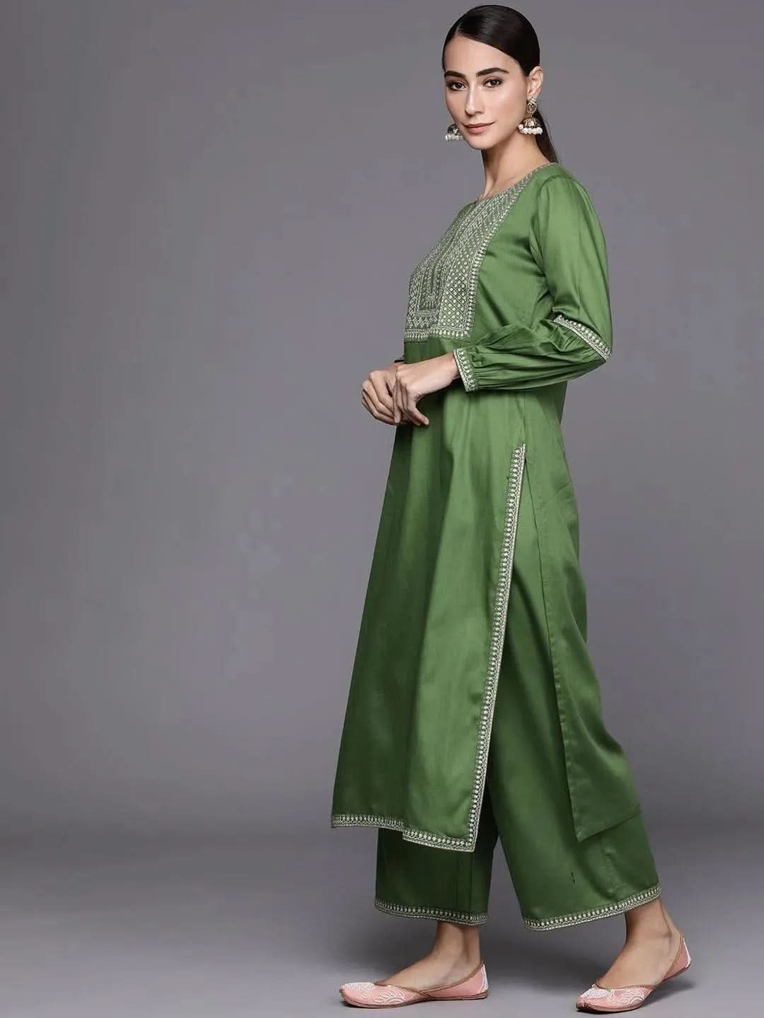 Libas Green Embroidered Silk Blend Straight Kurta With Palazzos & Dupatta