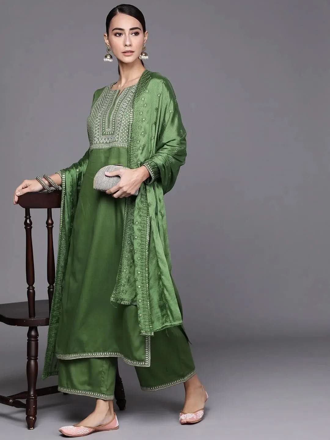 Libas Green Embroidered Silk Blend Straight Kurta With Palazzos & Dupatta